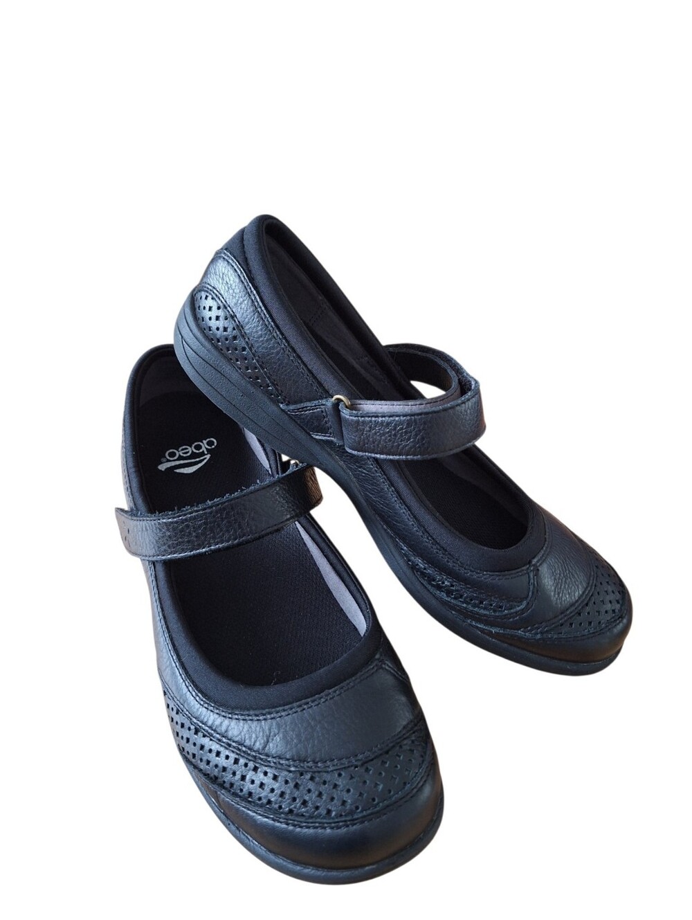 Abeo Ethel Smart System Black Leather Mary Jane Flats Shoes Velcro Strap 9.5